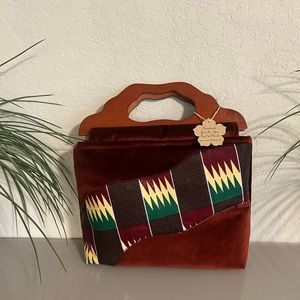 Suede Handmade handbag with African Kente Strip